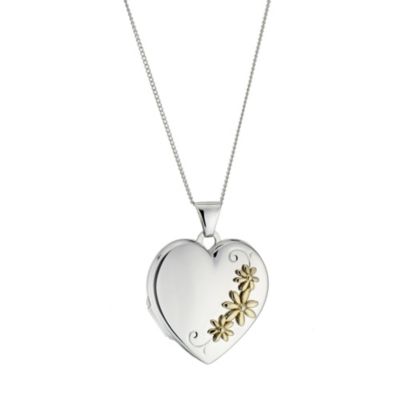 Silver and 9ct Gold 21mm Flower Heart Locket