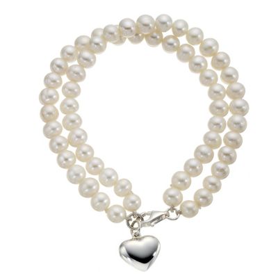 Sterling Silver Two Row Cultured Freshwater Pearl Heart Charm Bracelet - Product number 8406677