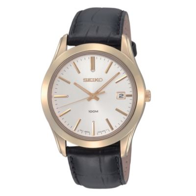 Seiko Men's White Dial Gold Plated Black Leather Strap Watch - Product number 8422273