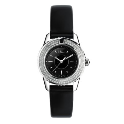 Christian Dior diamond bezel black strap watch