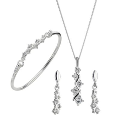 H Samuel Sterling Silver Cubic Zirconia Pendant, Bangle