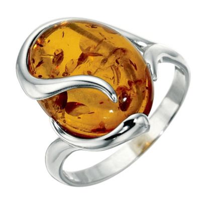 H Samuel Sterling Silver Amber Ring - Size Small