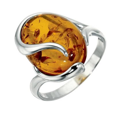 H Samuel Sterling Silver Amber Ring - Size Medium