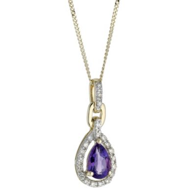 9ct gold Amethyst and Diamond Drop Pendant