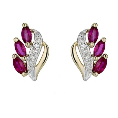 9ct Gold Two Colour Marquise Cut Ruby and Diamond Earrings - Product number 8445664