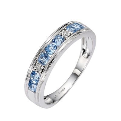 9ct White Gold Blue Topaz and Diamond Milgrain Ring