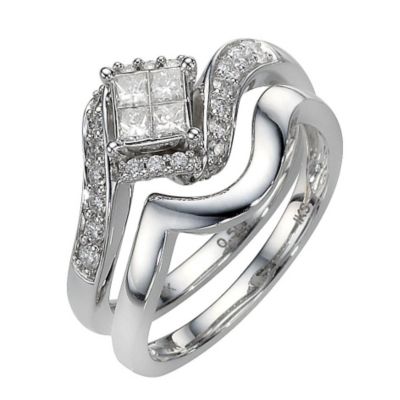 9ct White Gold Half Carat Diamond Princessa Bridal Ring Set