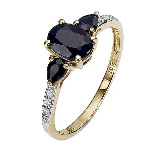 9ct Gold Three Stone Sapphire Ring and Diamond
