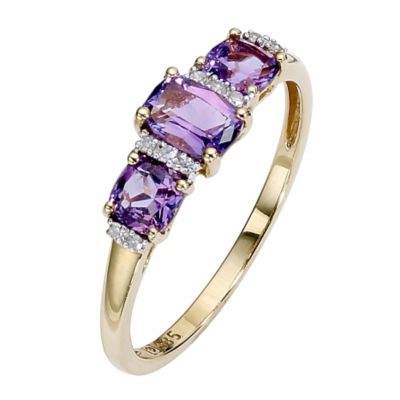 9ct Gold Three Stone Amethyst and Diamond Set Ring