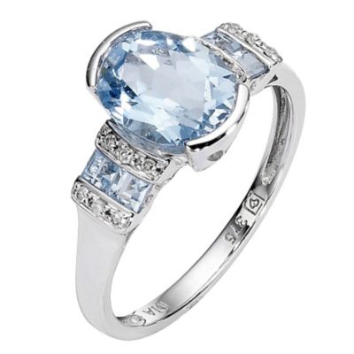 9ct White Gold Blue Topaz Ring with Diamond Pave Set Shoulders - Product number 8457999
