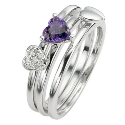 Silver Amethyst and Diamond Three Ring Stacker