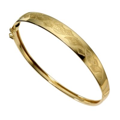 9ct Gold Engraved Leaf Pattern Hinged Bangle