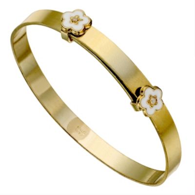 9ct Yellow Gold White Flower Bangle