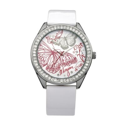 Morgan Ladies' Stone Set Butterfly Dial White Strap Watch