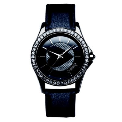 Morgan Ladies' Stone Set Heart Dial Black Strap Watch - Product number 8463875