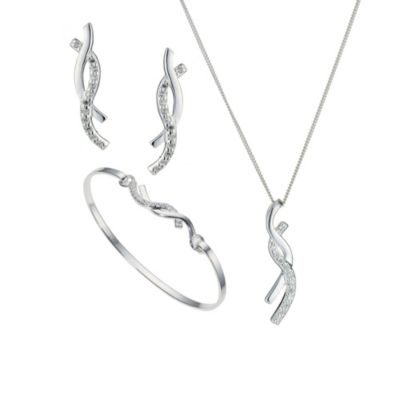 Silver Cubic Zirconia Twig Pendant, Bangle and Earring Set - Product number 8467870