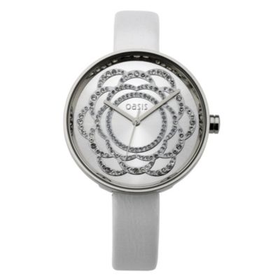 Oasis Ladies' Flower Stone Set Dial White Strap Watch - Product number 8481474