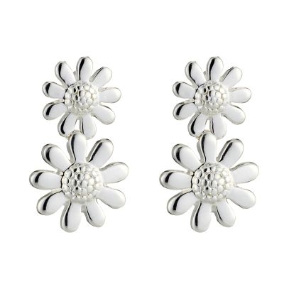 Sterling Silver Double Daisy Drop Earrings - Product number 8492883