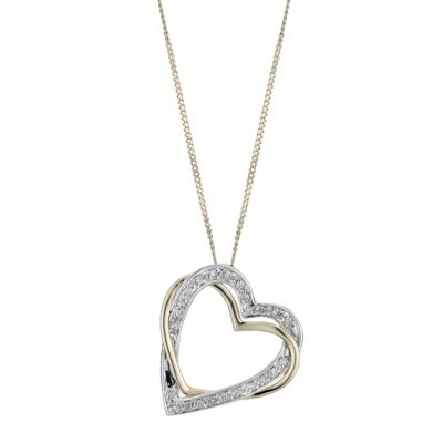 9ct gold two colour diamond set double heart pendant