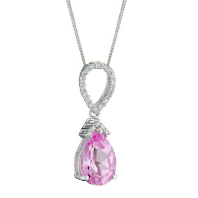 9ct white gold created pink sapphire &amp; diamond drop pendant