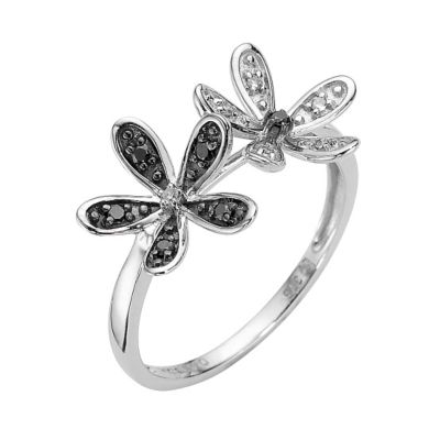 9ct white gold black and white diamond double flower ring
