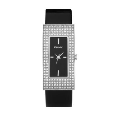 DKNY Ladies' Rectangular Dial Stone Set Black Strap Watch - Product number 8501920