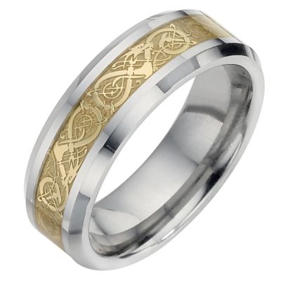 Tungsten and Gold Swirl Patterned Ring Large - X1/2
