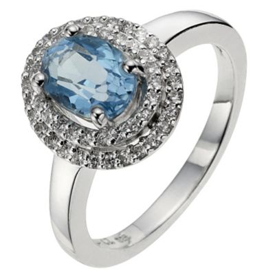Silver Oval Blue Topaz & Cubic Zirconia Vintage Style Ring