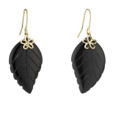 9ct Yellow Gold Onyx Leaf Drop Earrings