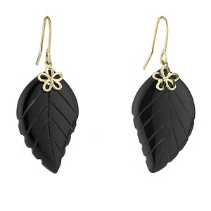 Unbranded 9ct Yellow Gold Onyx Leaf Drop Earrings