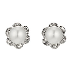 Silver & Diamond Pearl Flower Stud Earrings
