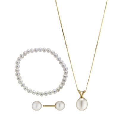 9ct Yellow Gold Pearl Earrings, Pendant & Bracelet Set - Product number 8645027
