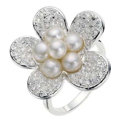 Silver Cubic Zirconia Pearl Flower Ring
