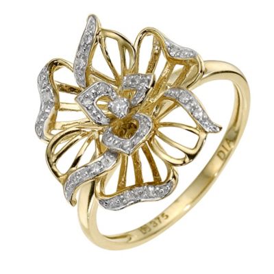9ct yellow gold diamond flower ring