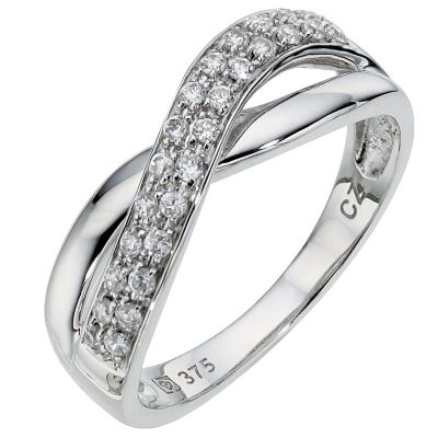9ct white gold cubic zirconia pave set kiss ring