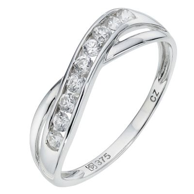 9ct white gold cubic zirconia cross over eternity ring