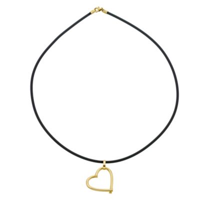 9ct Yellow Gold Open Heart Black Rubber Necklace