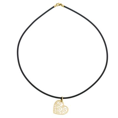 H Samuel 9ct Yellow Gold Filigree Heart Black Rubber