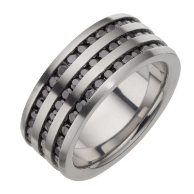 Stainless Steel Black Cubic Zirconia Three Row Ring