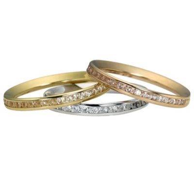 9ct gold three colour cubic zirconia channel set ring set