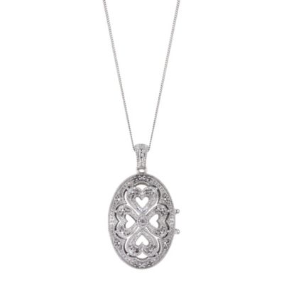 H Samuel Sterling Silver 9pt Diamond Oval Locket Necklace