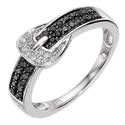 9ct white gold white and black diamond coloured buckle ring