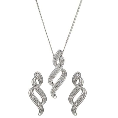 9ct white gold and diamond swirl earrings & pendant set - Product number 8930864