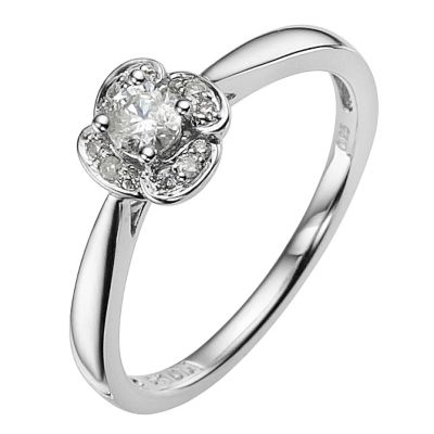 9ct white gold 1/4 carat diamond flower solitaire ring