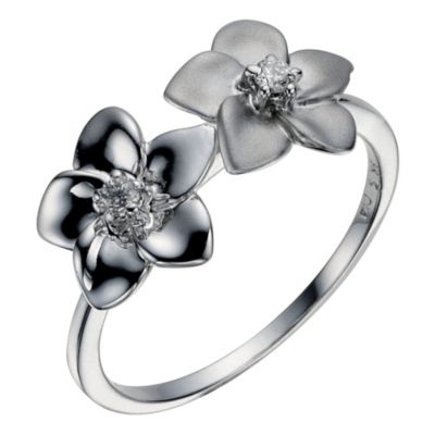 9ct white gold diamond set two flower ring