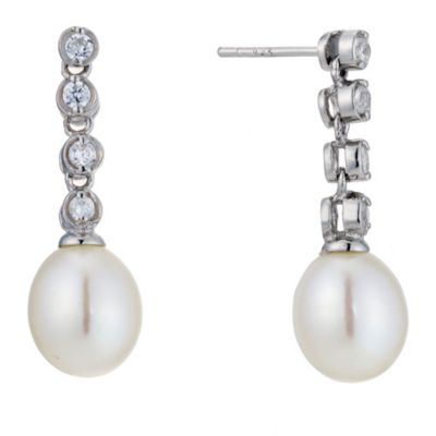Silver, Pearl & Cubic Zirconia Long Drop Earrings - Product number 8952728