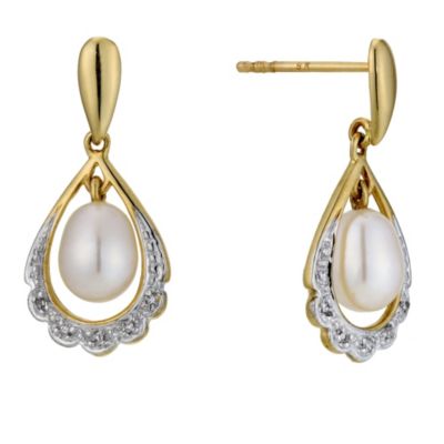 9ct Yellow Gold Cultured Freshwater Pearl & Diamond Earrings - Product number 8952981