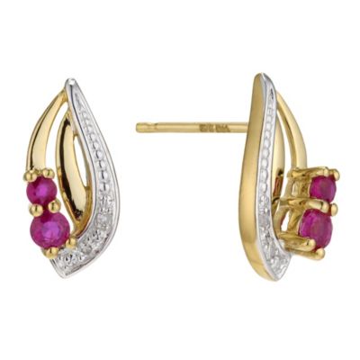 9ct Yellow Gold Diamond and Ruby Earrings