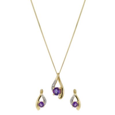 9ct Yellow Gold Diamond & Amethyst Earrings & Pendant Set - Product number 8956065