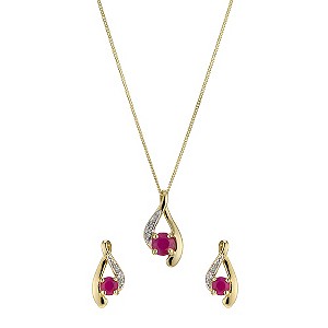 9ct Yellow Gold Diamond and Ruby Pendant and